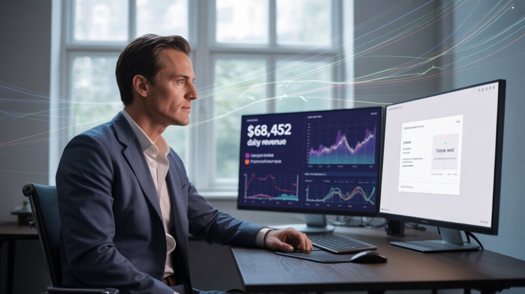 A confident male digital marketer sitting at a modern desk, analyzing campaign data on multiple monitors. One screen shows high ad revenue, another shows a clean, review-friendly landing page.