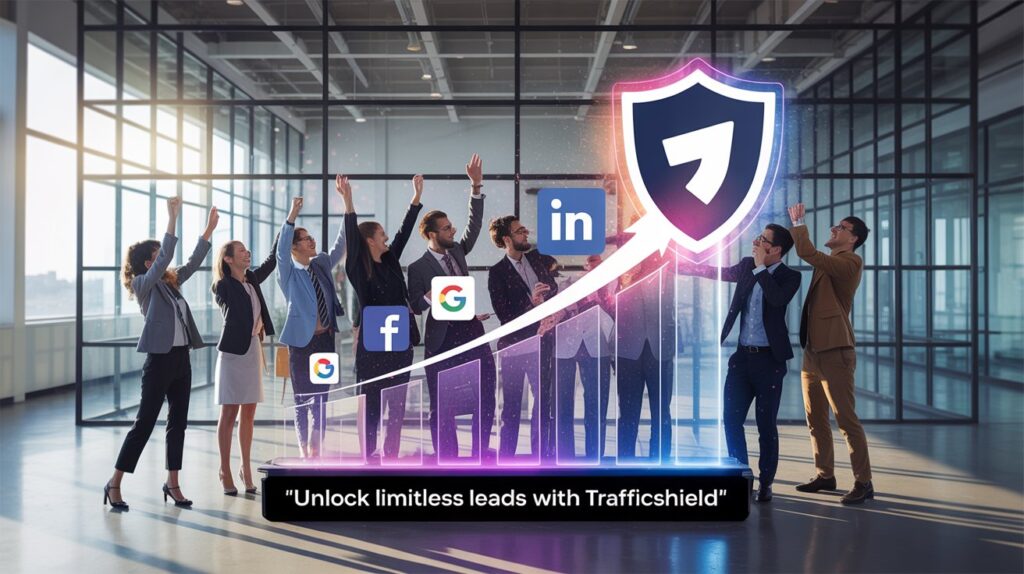 "Digital marketers celebrating increased ROAS with Trafficshield cloaker, protected ads, and upward graph trends in a modern business setting"