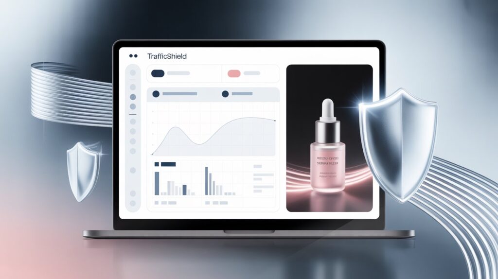 Media buyer using TrafficShield dashboard to run cloaked beauty ads with a skincare product featured in the corner, symbolizing ad safety and performance.