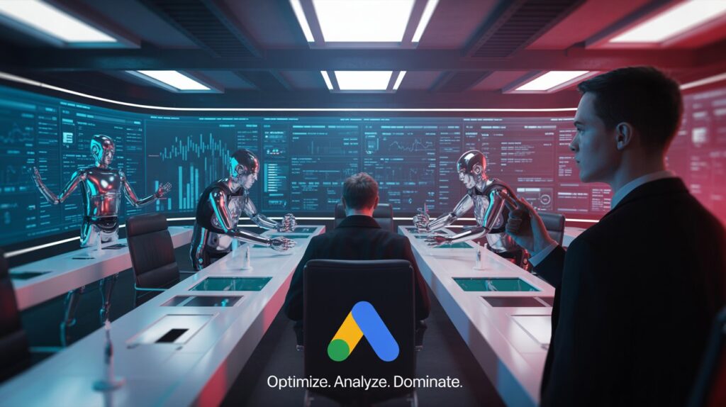 Digital dashboard with AI and human reviewers monitoring Google ad activity, symbolizing ad review and cloaking in 2025.