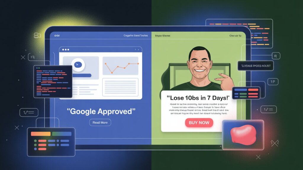 Split-screen showing cloaked Google Ads: safe page vs. real offer page.