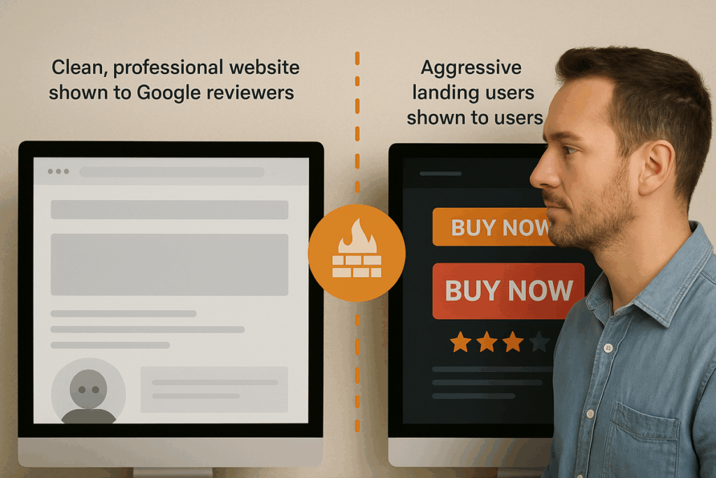 split-screen example of cloaking in digital ads, showing filtered Googlebot view on one side and a real user landing page on the other.