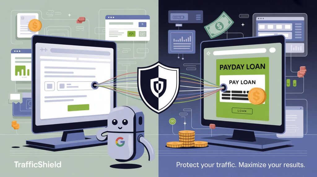 Cloaking setup showing loan ad served to user, safe page to Google bot via Trafficshield.