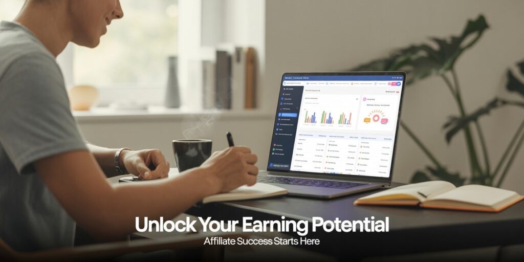 Affiliate marketer analyzing ad campaign performance on laptop in home office.