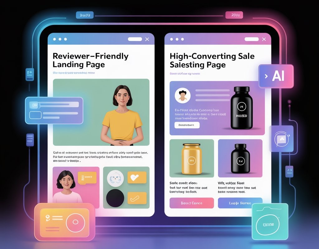 "Digital marketing cloaking showing safe page vs. sales page in 2025."