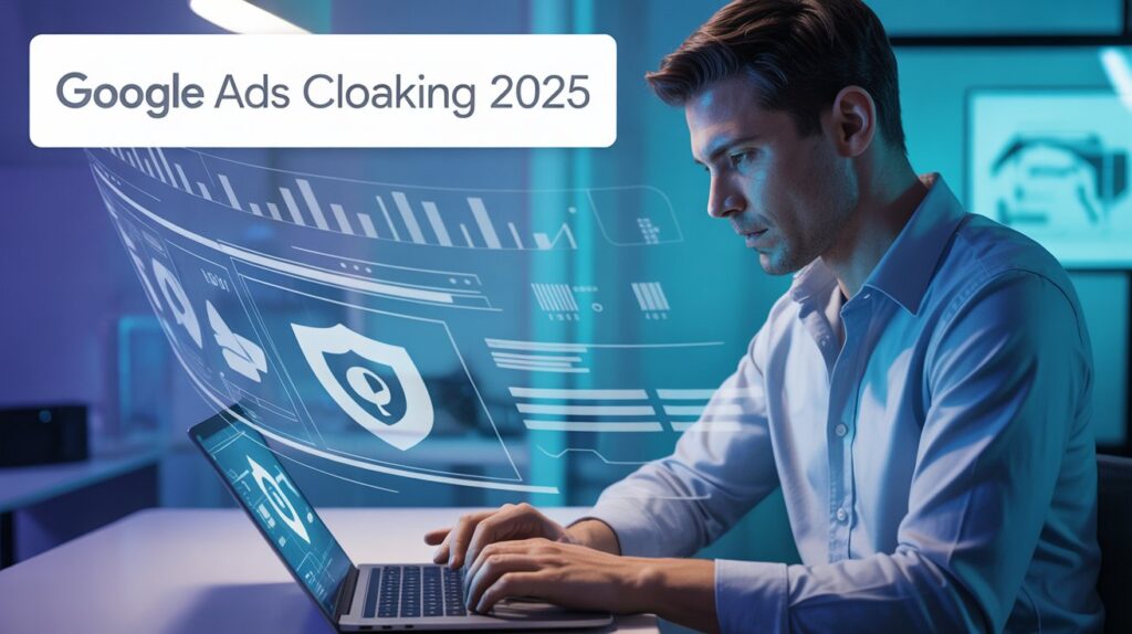 Digital marketer analyzing Google Ads data with shield icons symbolizing ad protection and traffic security.