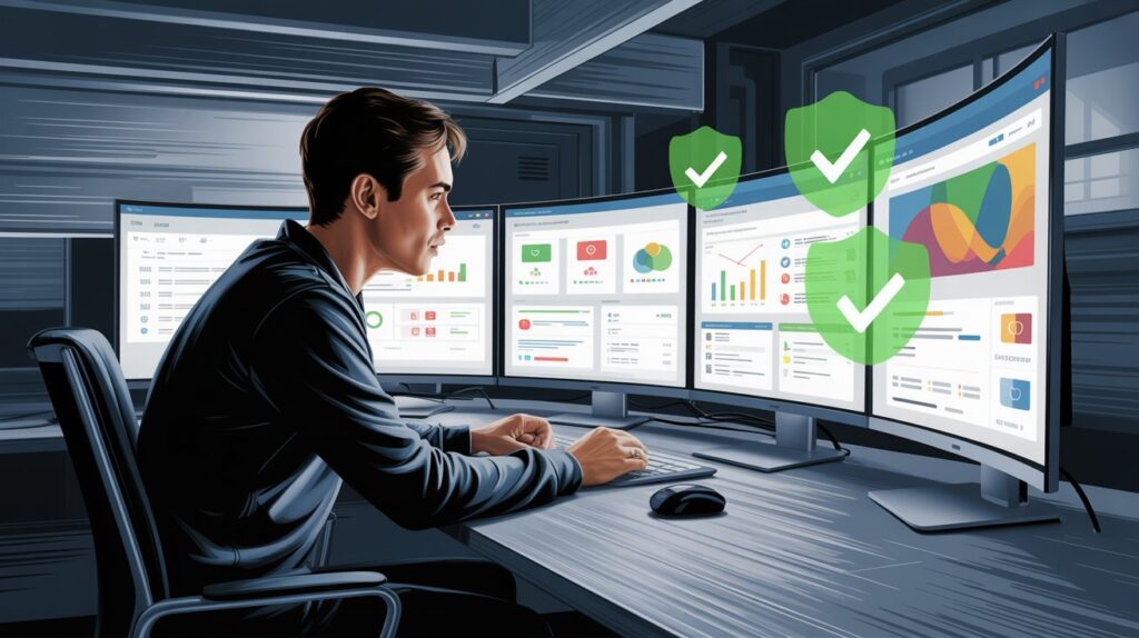 Media buyer analyzing ad dashboards on multiple screens to scale campaigns and avoid ad bans.